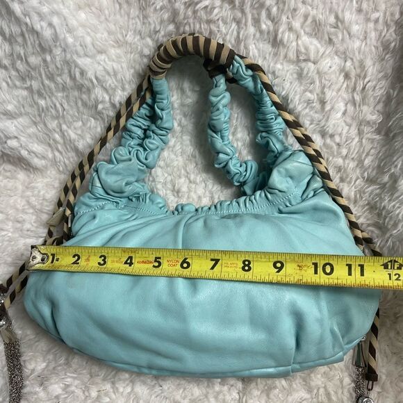 Cromia leather Blue shoulder bag Khaki & brown accent silver tone chain charms - Picture 11 of 16